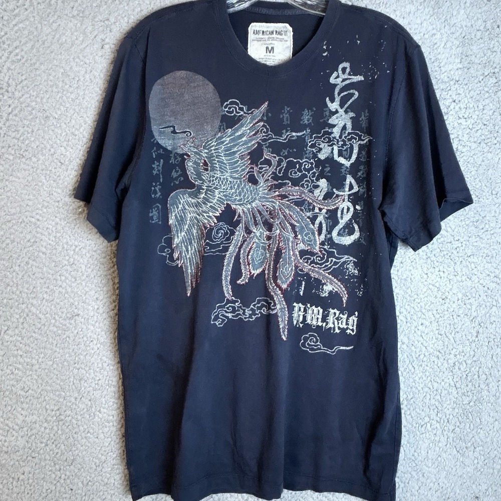 Vintage Blue Asian Bird Art Oriental Y2K Style Loud Graphic American Rag Medium
